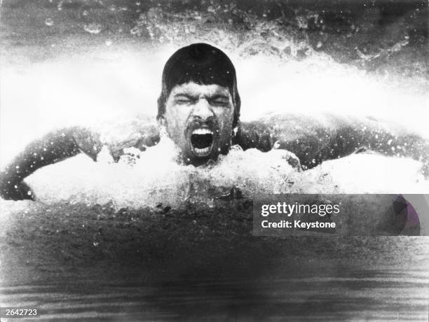 Olympic swimming gold medal winner Mark Spitz in action during a training session.