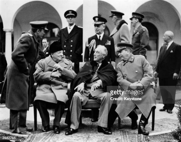 In the grounds of the Livadia Palace, Yalta, during the Three Power Conference the British wartime Prime Minister Sir Winston Leonard Spencer...