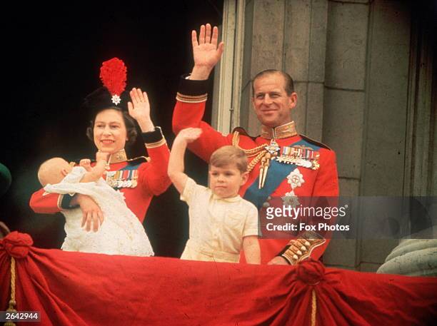 Queen Elizabeth, Prince Philip, Prince Andrew and Prince Edward waving to the crowds from the balcony at Buckingham Palace, during the Trooping of...