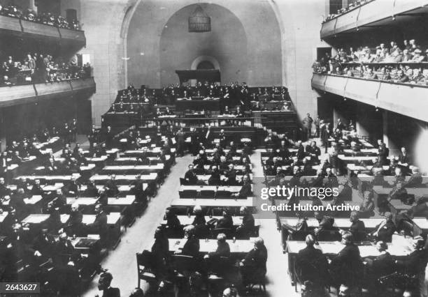The first session of the League of Nations in the Salle de Reforme in Geneva, set up after the First World War to maintain peace.
