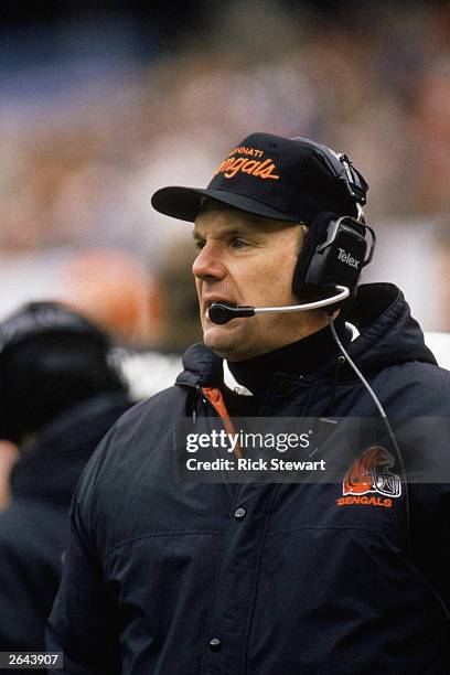 Head coach Sam Wyche of the Cincinnati Bengals stands on the sideline during the AFC Championship game against the Buffalo Bills at Rich Stadium on...