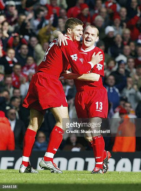 Danny Murphy of Liverpool celebrates with Steven Gerrard after scoring the second goal during the FA Barclaycard Premiership match between Liverpool...
