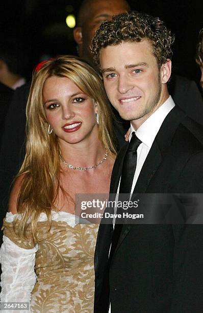 American pop stars Britney Spears and Justin Timberlake attend the Clive Davis pre Grammy party at the Beverly Hilton on February 26, 2002 in Los...