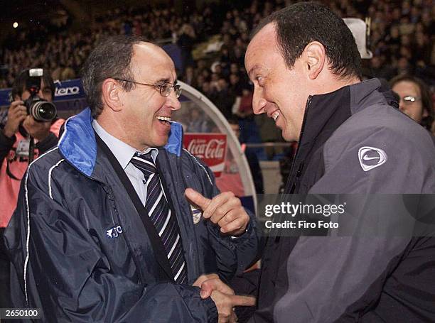 Deportivo coach Javier Irureta chats with Valencia coach Rafa Benitez during the Spanish Primera Liga match between Deportivo and Valencia on October...