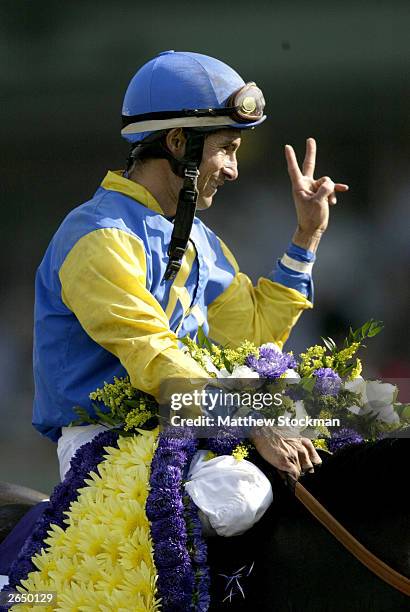 Alex Solis celebrates winning the Classic with horse, Pleasantly Perfect in the $4 Million Breeders' Cup Classic, Powered by Dodge part of the 2003...