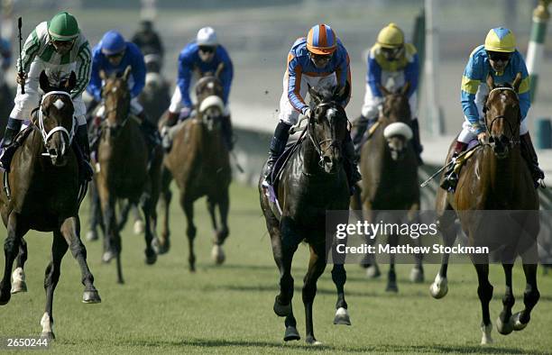 Jockey Mick Kinanein and High Chaparral race to the finish line between Alex Solis and Johar and Darryll Holland and Falbrav of Ireland in the $2...