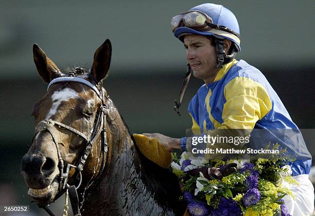 Alex Solis and Pleasantly Perfect wait in the winner's circle after winning the $4 Million Breeders' Cup Classic, Powered by Dodge, part of the 2003...