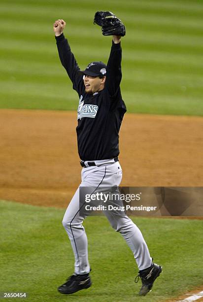 Starting pitcher Josh Beckett of the Florida Marlins, 2003 World Series MVP, celebrates pitching the Marlins to a 2-0 win over the New York Yankees...