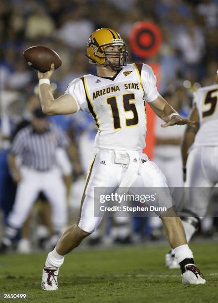 Quarterback Sam Keller of the Arizona State Sun Devils throws a pass against the UCLA Bruins on October 25, 2003 at the Rose Bowl in Pasadena,...