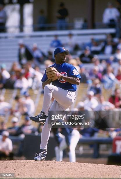 Pitcher Kevin Foster of the Chicago Cubs in action during a spring training game against the Anaheim Angels at theTempe Diablo Stadium in Tempe,...