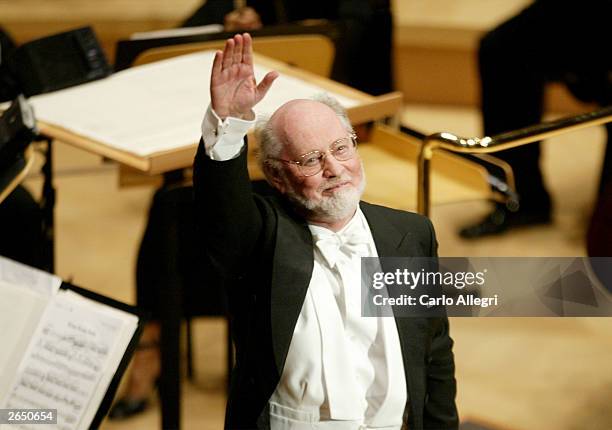 Composer John Williams performs on stage at the Walt Disney Concert Hall opening gala, day three of three, October 25, 2003 in Los Angeles,...
