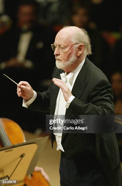 Composer John Williams performs on stage at the Walt Disney Concert Hall opening gala, day three of three, October 25, 2003 in Los Angeles,...