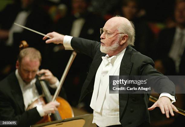 Composer John Williams performs on stage at the Walt Disney Concert Hall opening gala, day three of three, October 25, 2003 in Los Angeles,...