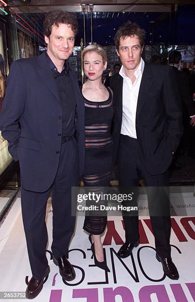 American actress Renee Zellweger, British actor Hugh Grant and British actor Colin Firth arrive at the UK premiere of the film "Bridget Jones' Diary"...