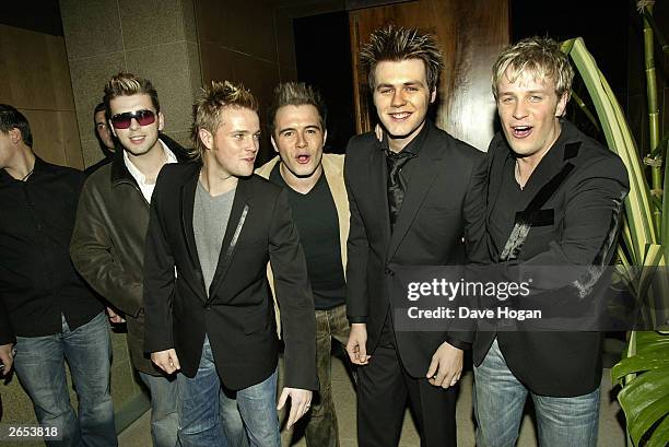 Irish pop stars Mark Feehily, Nicky Byrne, Shane Filan, Bryan McFadden, Kian Egan of the pop group "Westlife" attend their "Unbreakable" album launch...