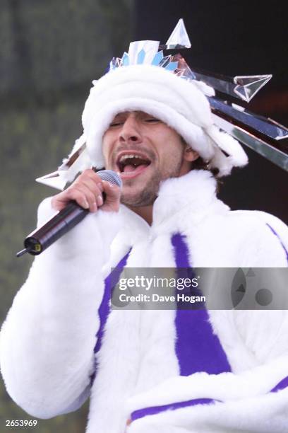 British pop star Jamiroquai performs on stage at the finale to the annual "Party in the Park" in Hyde Park on July 8, 2001 in London.