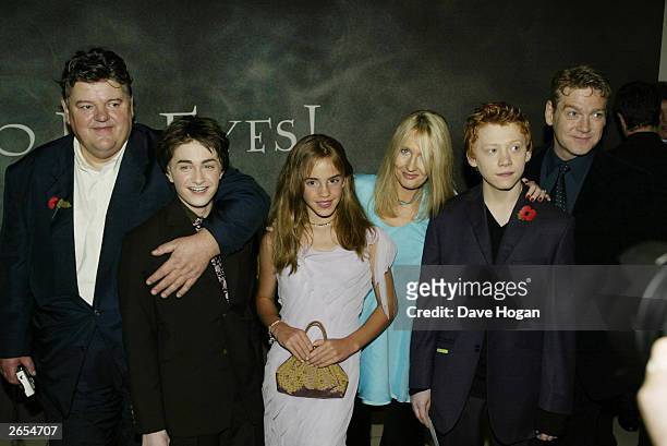British actors, actress and author Robbie Coltrane, Daniel Radcliffe, Emma Watson, JK Rowling, Rupert Grint and Kenneth Branagh attend the UK film...