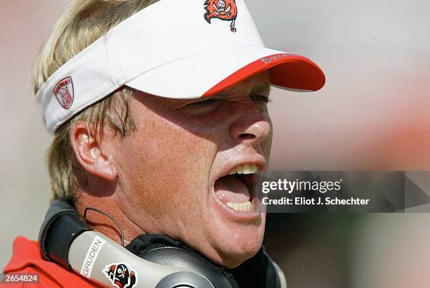 Head coach Jon Gruden of the Tampa Buccaneers yells at officials against the Dallas Cowboys October 26, 2003 at Raymond James Stadium in Tampa,...