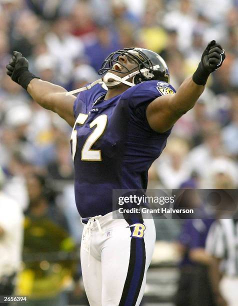 Ray Lewis of the Baltimore Ravens celebrates during the Ravens 26-6 win over the Denver Broncos on October 26, 2003 at M&T Bank Stadium in Baltimore,...