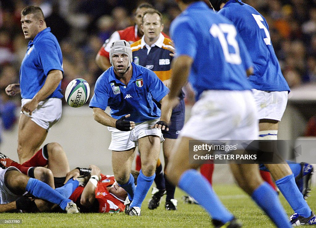 Troncon Rugby Scrumhalf Alessandro Troncon of Italy clears the ball out of the ...