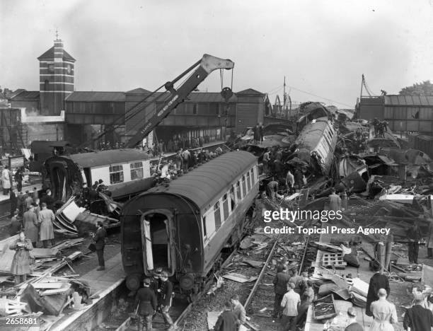 The resultant wreckage left after three trains collided at Harrow and Wealdstone station.