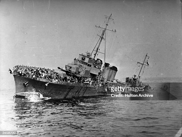 French destroyer Bourrasque sinking after hitting a mine on the way back from Dunkirk, with some 1200 men aboard, many of whom died.