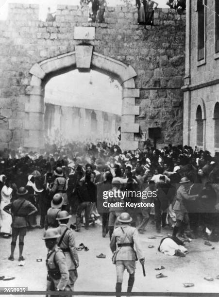 Riot at Jaffa Gate, Jerusalem, during a revolt in the British mandate of Palestine.