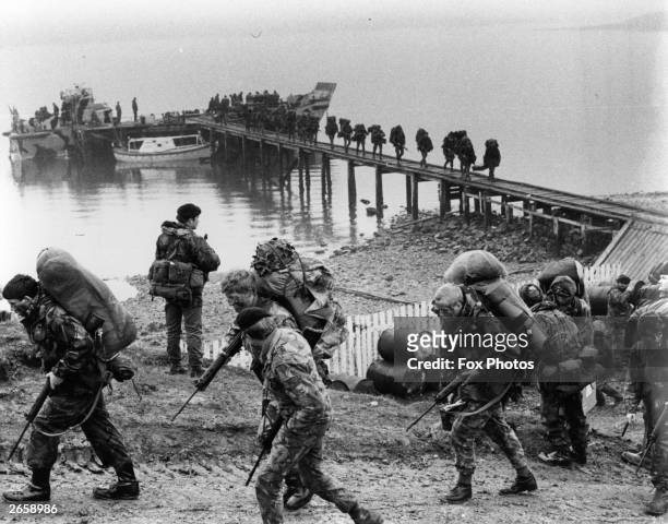 British troops arriving in the Falklands Islands during the Falklands War.