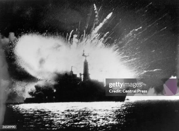 The missile magazines on board British Royal Navy Type 21 frigate, HMS Antelope, explode in San Carlos Water, off East Falkland, after attacks by the...