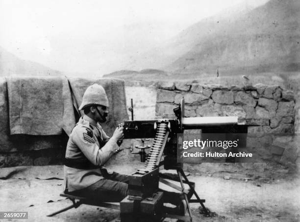 Soldier sets up a light Maxim gun at Chilas Fort on the North-West Frontier. Original Artwork: National Army Museum