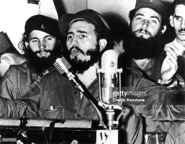 Cuban revolutionary Fidel Castro during an address in Cuba after Batista was forced to flee.