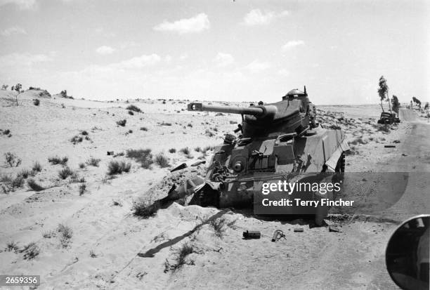 An Egyptian tank in the Sinai desert knocked out in an Israeli pre-emptive attack during the Six-Day War.