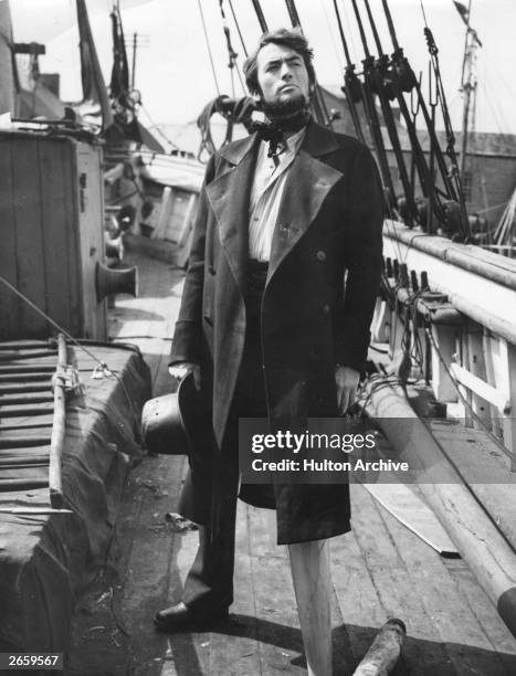 Gregory Peck , as Captain Ahab during the shooting of 'Moby Dick', on location at Youghal, County Cork, Ireland.