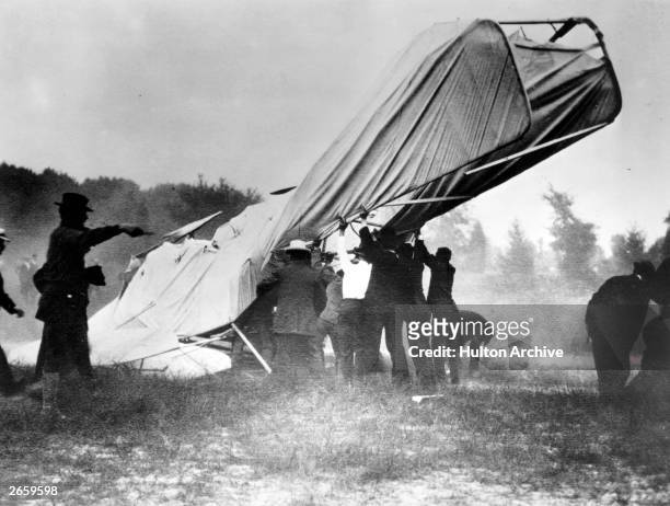 Wright Brothers aeroplane crash-landing at Fort Myer, Virginia, injuring Orville Wright and killing his passenger Lieutenant Thomas Selfridge, who...