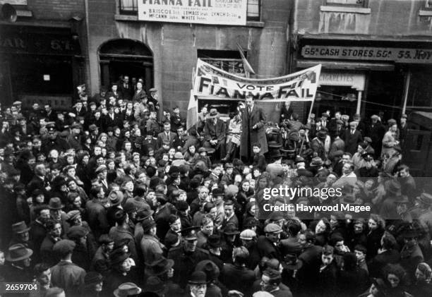 Sean Lemass, a candidate for the Republican Party, Fianna Fail, addressing a crowd in Dublin. Original Publication: Picture Post - 1482 - Neutral...