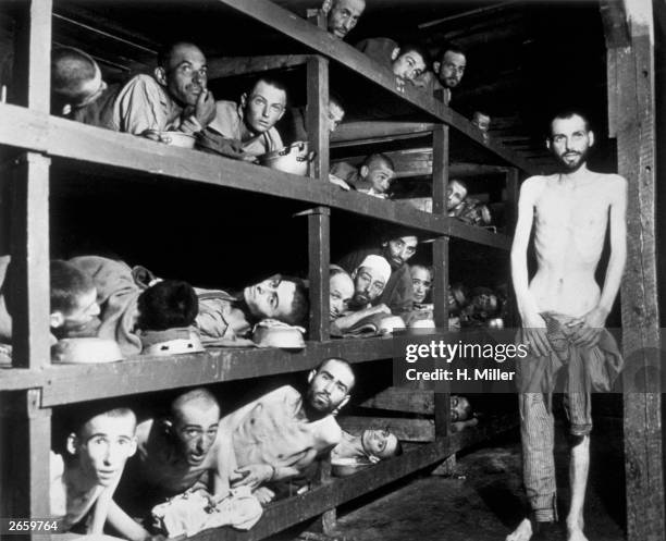 Victims of the Buchenwald concentration camp, liberated by the American troops of the 80th Division. Amongst them is Elie Wiesel who went on to...