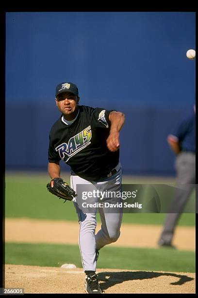 Pitcher Ramon Tatis of the Tampa Bay Devil Rays in action during a spring training game against the Detroit Tigers at the Joker Marchant Stadium in...