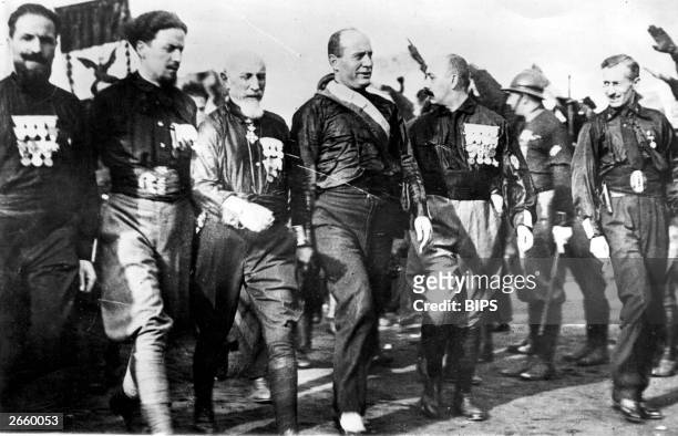 Italian dictator Benito Mussolini , general and Fascist politician Emilio de Bono and aviator and politician Count Italo Balbo leading the...