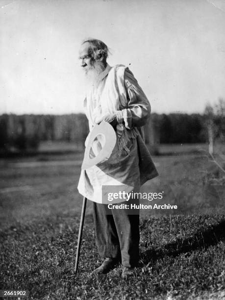 Count Leo Nikolayevich Tolstoy the Russian writer, aesthetic philosopher, moralist and mystic inspecting the estate after a bathe in the lake....