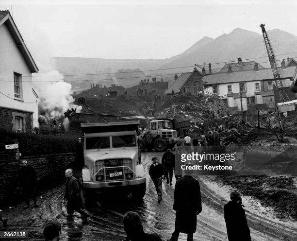 The destruction caused by the collapse of a slag heap in the Welsh mining village of Aberfan.