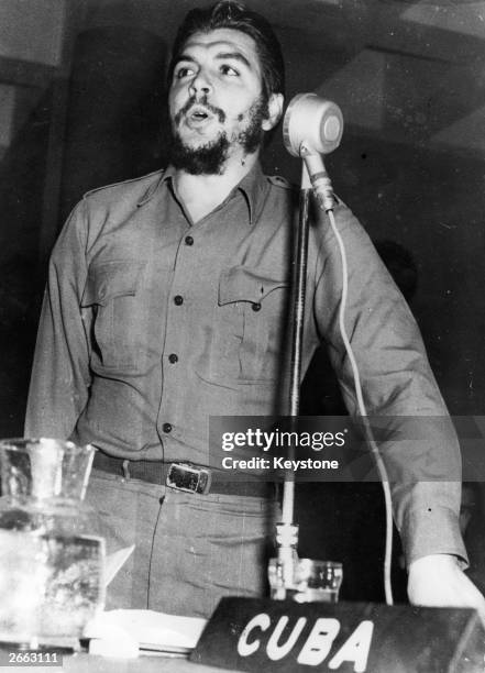 Ernesto Che Guevara , Communist revolutionary leader and Cuba's Minister of Industry, speaking as head of the Cuban delegation at the Fifth Session...