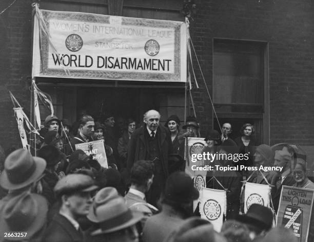 English statesman Lord Robert Cecil speaking at the Women's International League before the Geneva Disarmament conference.