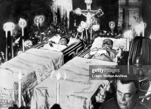 The bodies of Franz Ferdinand, Archduke of Austria and his wife Sophie lie in state after their assassination at Sarajevo. Original Publication:...