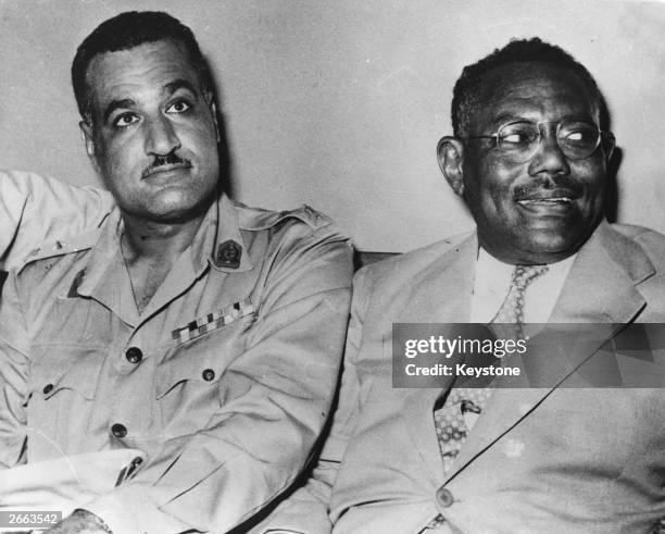 Ismail al-Azhari , Prime Minister of the Sudan with Lieutenant Colonel Gamal Abdul Nasser , Prime Minister of Egypt, in Cairo. Original Publication:...