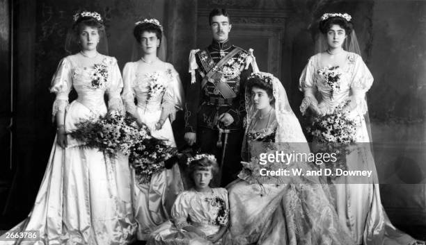 The wedding of Prince Gustavus Adolphus of Sweden , later Gustav VI, King of Sweden . From left to right, standing: Princess Ena of Battenberg,...
