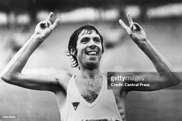 British athlete Brendan Foster gives the victory sign after a run which equalled the world record for 10,000m of 27 minutes 30.5 seconds at Crystal...