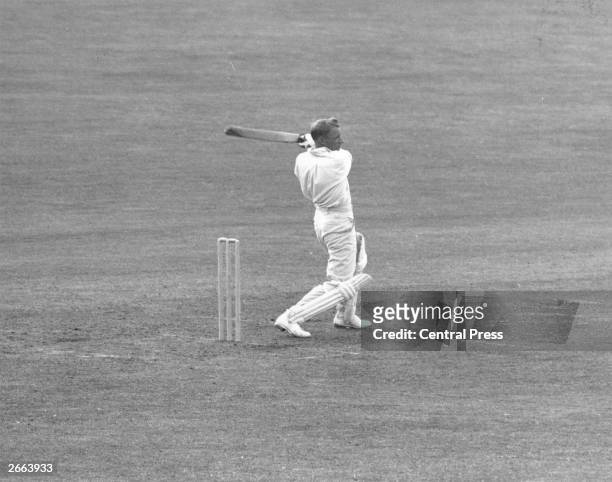 Australian cricket player Don Bradman in action during a test match against Leeds.