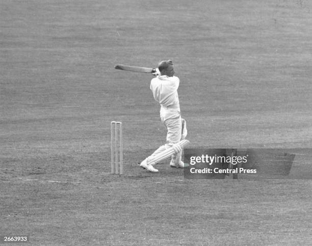 Australian cricket player Don Bradman in action during a test match against Leeds.