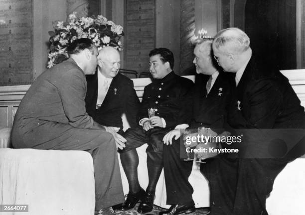 Cambodian leader Prince Norodom Sihanouk with Russian premier Khrushchev , Soviet statesman and prime minister Nikolai Bulganin and former Soviet...