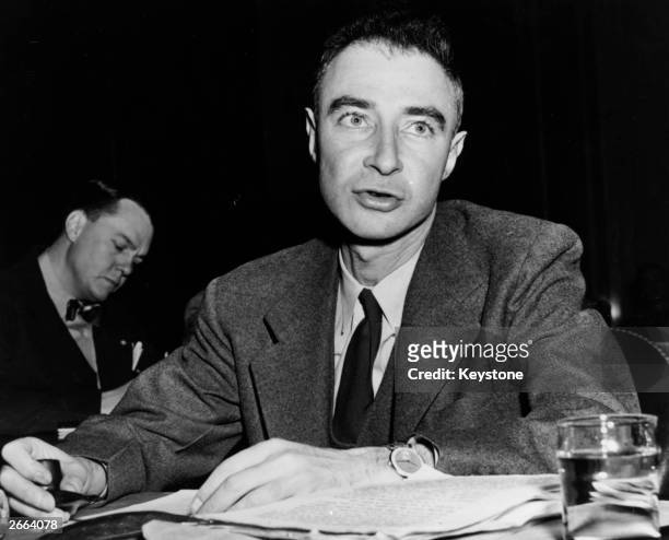 Nuclear physicist Julius Robert Oppenheimer , director of the Los Alamos atomic laboratory, testifying before the Special Senate Committee on Atomic...